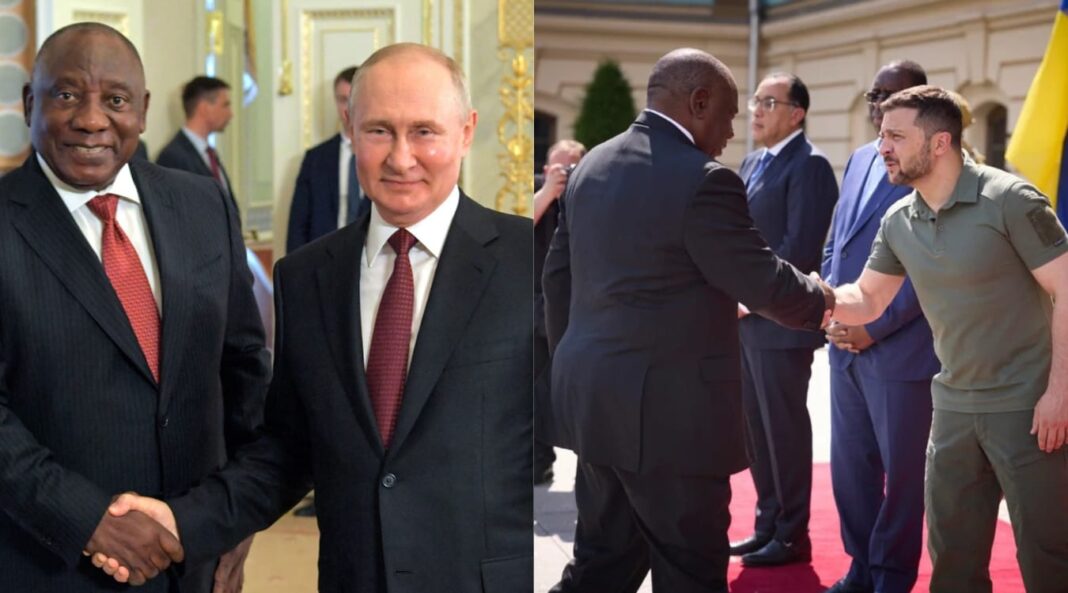 South African President Cyril Ramaphosa greets his counterpart Russia's Putin in St. Petersburg and Ukraine’s Zelensky in Kyiv as the African delegation proposed a peace plan for the Ukraine crisis. (AP file)