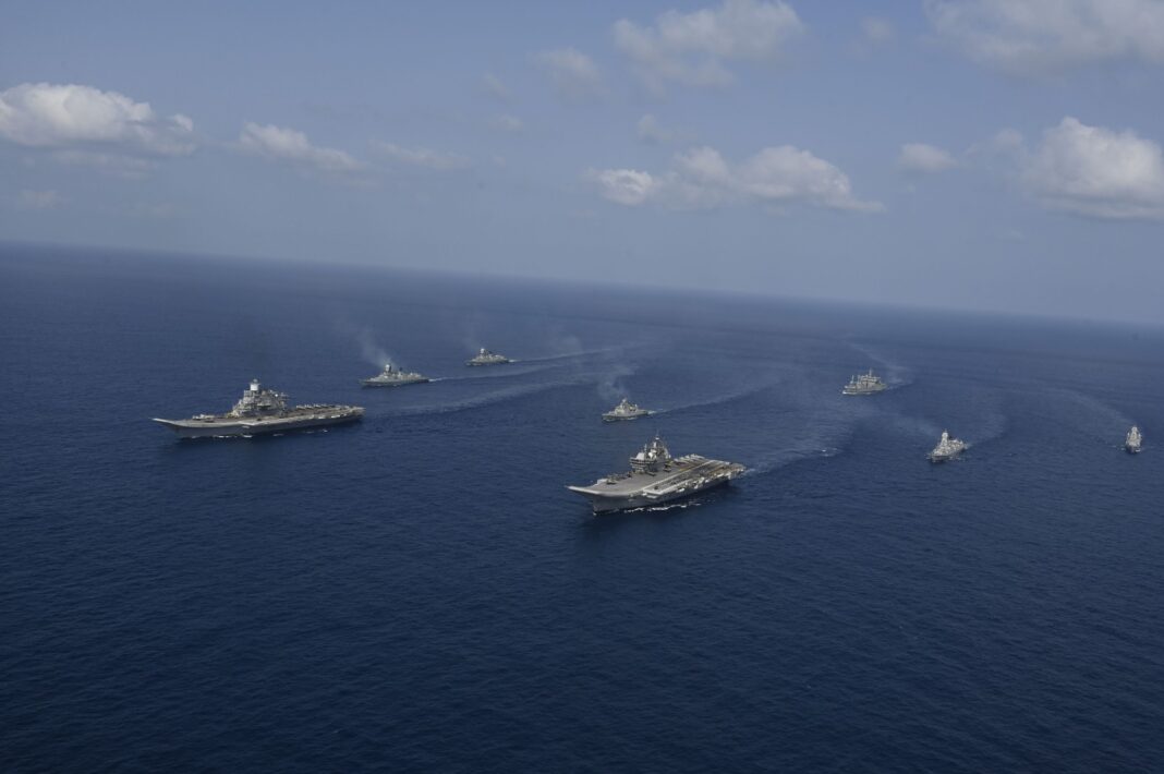 Indian Navy demonstrate formidable capability in Indian Ocean Region with twin aircraft carriers. Credit: PTI