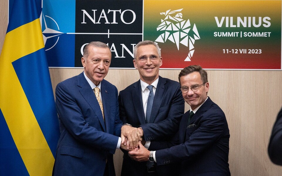 Recep Tayyip Erdogan shakes hands with Swedish prime minister Ulf Kristersson and Jens Stoltenberg, the Nato secretary-general in Vilnius amidst Sweden's NATO bid (Photo credit: The Telegraph)